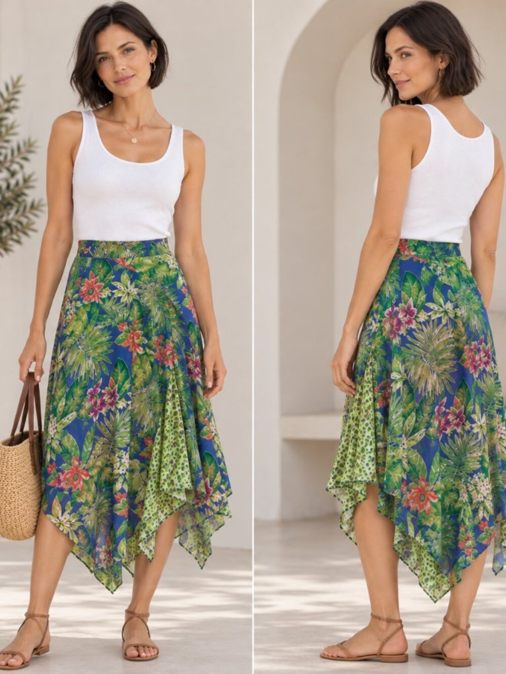Sarah Arizona Women’s Floral Handkerchief Hem Midi Skirt Green Orange Size S